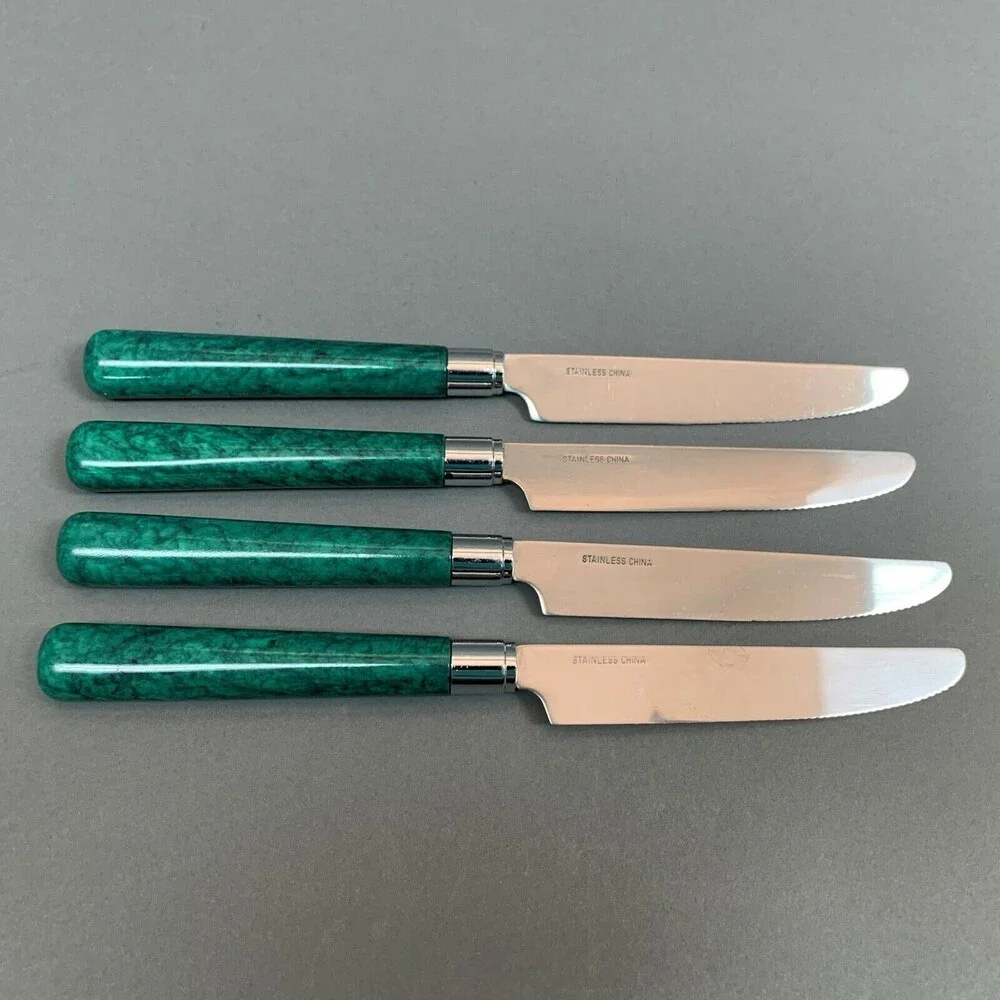 Green Handle 8 3/4 Knives Flatware Lot of 5